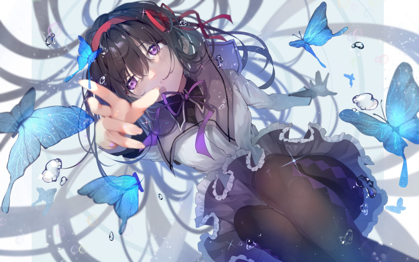 1girl akemi_homura arm_up bangs black_hair black_legwear black_skirt blue_butterfly bug butterfly chinese_commentary commentary_request feet_out_of_frame foreshortening from_above hair_in_mouth hair_ribbon hairband highres long_hair looking_up mahou_shoujo_madoka_magica neck_ribbon outstretched_arms pantyhose reaching red_hairband ribbon sijibuxianghuahua skirt solo sparkle water_drop