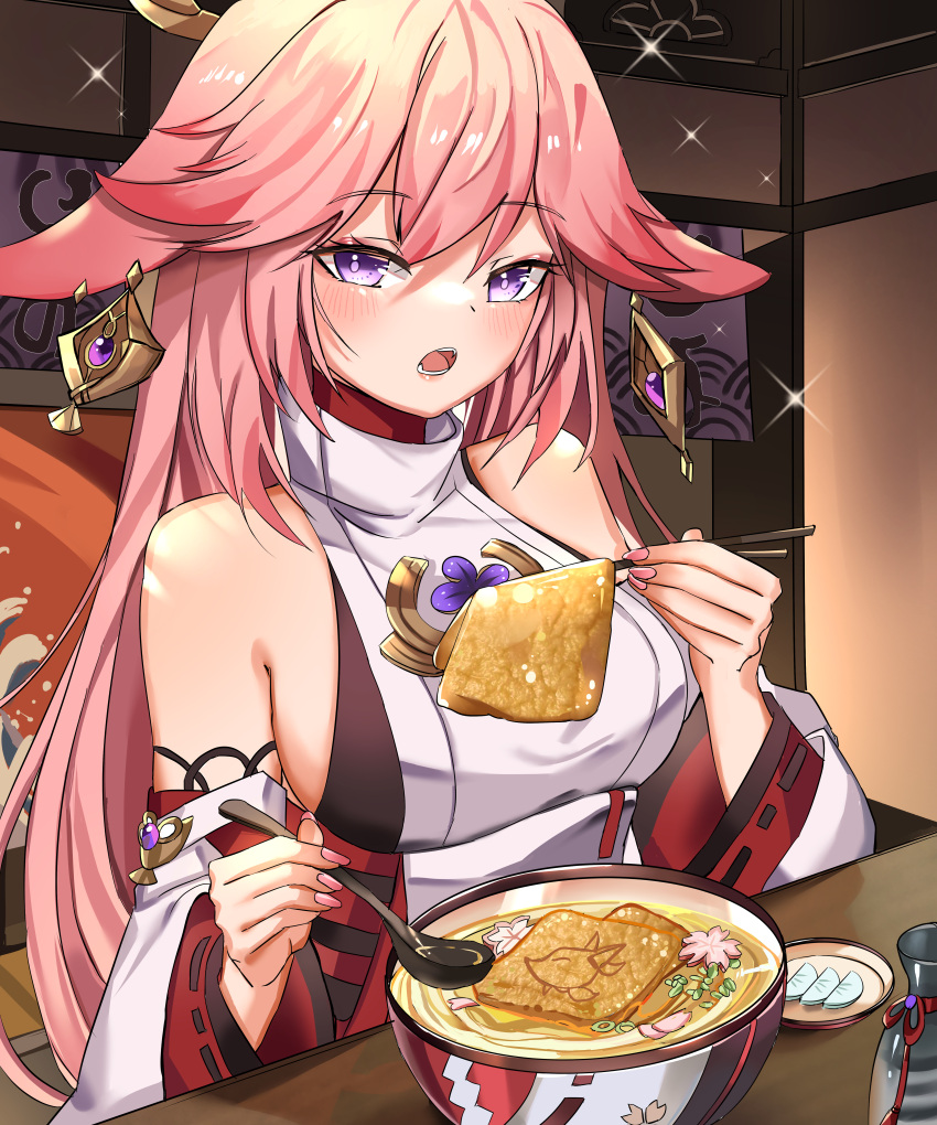 1girl absurdres animal_ears bangs bare_shoulders blush bottle bowl breasts chopsticks earrings eating eyebrows_behind_hair eyebrows_visible_through_hair food fox_ears fox_girl genshin_impact hair_between_eyes highres holding holding_chopsticks holding_spoon indoors japanese_clothes jewelry kimono long_hair looking_at_viewer miko noodles open_mouth pink_hair plate rudang sake_bottle solo spoon tofu violet_eyes yae_miko
