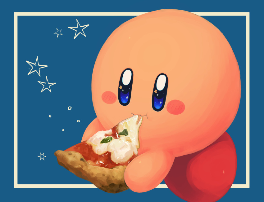 absurdres blue_background blue_eyes border cheese_trail closed_mouth eating food highres holding holding_food holding_pizza kirby kirby_(series) no_humans parsley pizza solo star_(symbol) symbol-only_commentary vul3hl0smteyk1z white_border