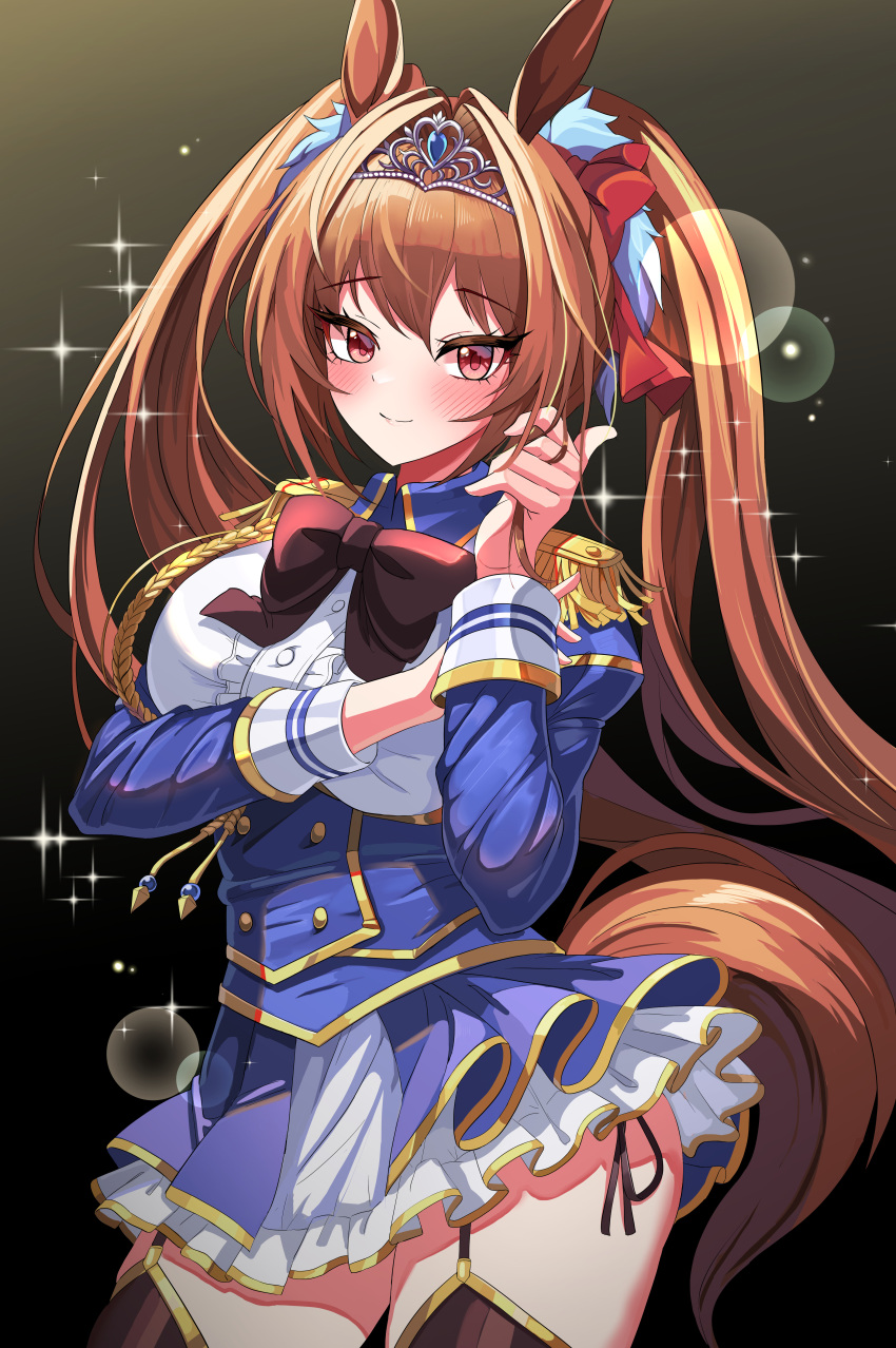 1girl absurdres animal_ears bangs black_background black_bow black_bowtie blue_dress blush bow bowtie breasts brown_hair daiwa_scarlet_(umamusume) dress epaulettes eyebrows_visible_through_hair hair_bow hair_intakes hair_ornament hand_up highres horse_ears horse_girl horse_tail large_breasts long_hair long_sleeves looking_at_viewer red_bow red_eyes smile solo sparkle sylph_kim tail thigh-highs tiara twintails umamusume