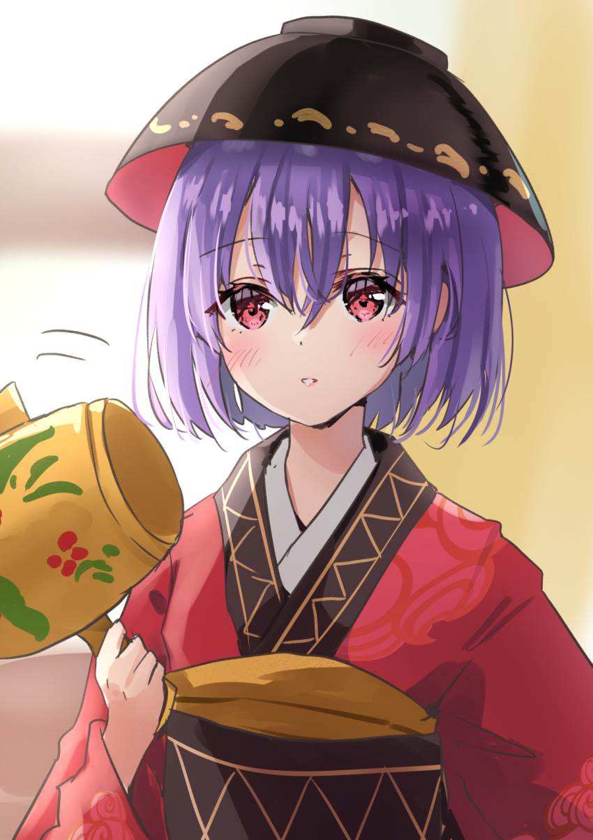 1girl blush bowl bowl_hat eyebrows_visible_through_hair hair_between_eyes hat highres holding japanese_clothes kimono long_sleeves miracle_mallet obi one-hour_drawing_challenge parted_lips purple_hair red_eyes red_kimono sash shironeko_yuuki short_hair solo sukuna_shinmyoumaru touhou upper_body wide_sleeves