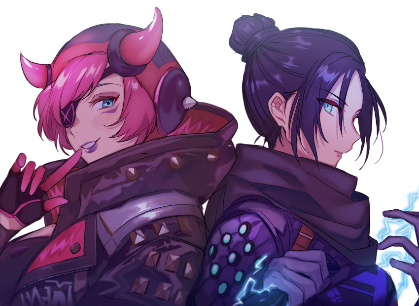 2girls absurdres apex_legends back-to-back bangs black_gloves black_hair black_jacket cyber_punked_wattson electricity eyebrows_visible_through_hair eyepatch eyeshadow from_side gloves hair_behind_ear hair_bun highres holding holding_knife hood hooded_jacket horns jacket knife kunai looking_at_viewer makeup multiple_girls official_alternate_costume one_eye_covered parted_bangs pink_hair purple_eyeshadow purple_lips unkcncnd wattson_(apex_legends) weapon wraith's_kunai wraith_(apex_legends)
