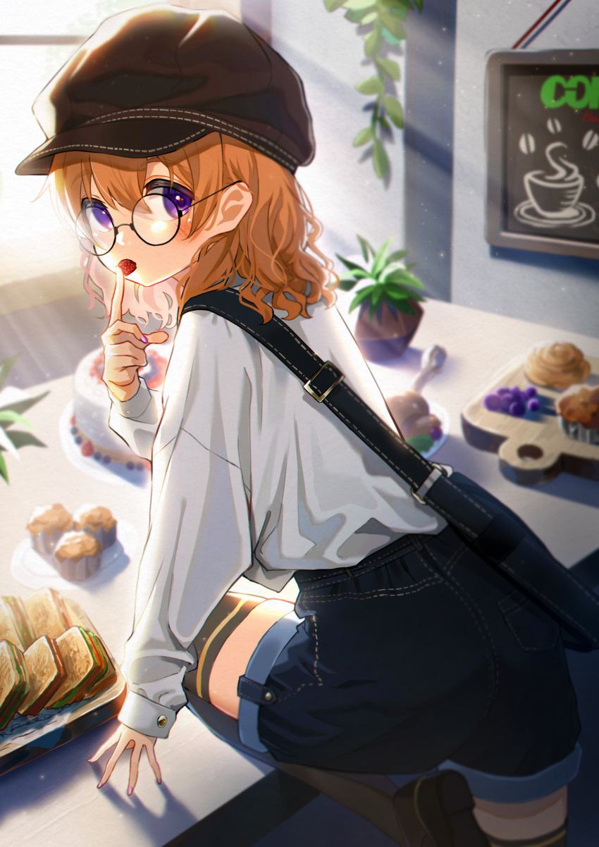 1girl arm_support arm_up bag bangs blush brown_footwear cafe casual denim eating food food_in_mouth from_behind fruit glasses gochuumon_wa_usagi_desu_ka? hand_on_own_face hat highres hoto_cocoa index_finger_raised indoors legs_up light_rays long_sleeves looking_at_viewer medium_hair messenger_bag orange_hair pastry round_eyewear shorts shoulder_bag solo standing standing_on_one_leg strawberry table thigh-highs thighs violet_eyes wavy_hair zettai_ryouiki zumi6