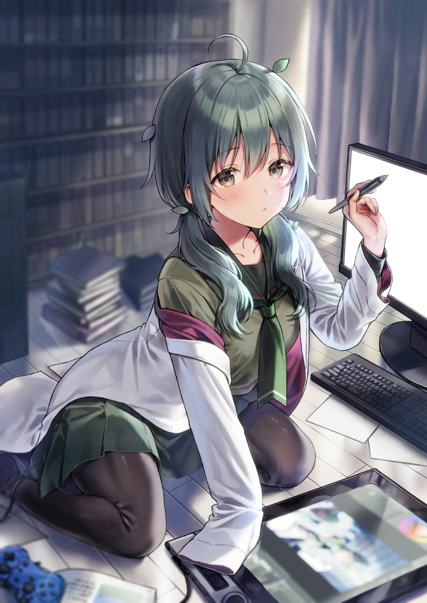 1girl absurdres ahoge bangs black_legwear blurry blurry_background book book_stack bookshelf brown_eyes closed_mouth controller curtains depth_of_field drawing_tablet english_commentary eyebrows_visible_through_hair feet_out_of_frame game_controller green_hair green_sailor_collar green_serafuku green_shirt green_skirt hair_between_eyes hair_over_shoulder hand_up highres holding holding_stylus indoors keyboard_(computer) labcoat long_hair long_sleeves looking_at_viewer low_twintails midorikawa_you monitor off_shoulder on_floor open_clothes original pantyhose pleated_skirt sailor_collar school_uniform serafuku shirt skirt sleeves_past_fingers sleeves_past_wrists solo stylus twintails wooden_floor