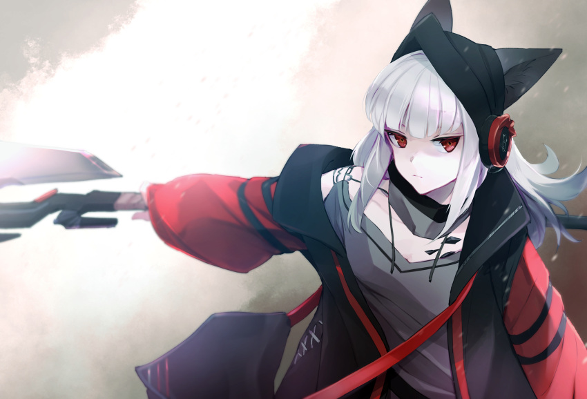 1girl animal_ear_fluff animal_ears arknights bangs beanie black_headwear black_jacket closed_mouth e-bushi ears_through_headwear eyebrows_behind_hair frostleaf_(arknights) grey_shirt hat headphones highres holding holding_sword holding_weapon jacket long_hair long_sleeves looking_at_viewer open_clothes open_jacket outstretched_arm puffy_long_sleeves puffy_sleeves red_eyes shirt sleeves_past_wrists solo sword weapon white_hair