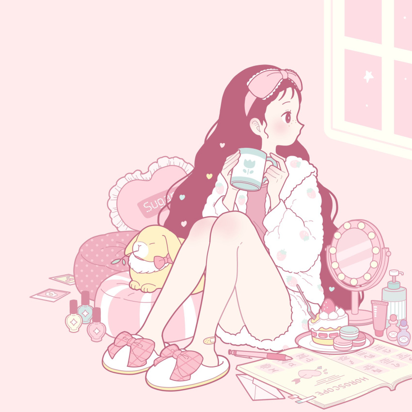 1girl bandaid bandaid_on_foot bare_legs black_hair blush book bow cup food footwear_bow fork freckles fruit hair_ornament hairband heart heart_hair_ornament highres knees_up letter long_hair long_sleeves loungewear macaron mug open_book original pillow pink_background pink_bow pink_hairband pink_theme plaid plaid_bow plate profile rabbit slippers solo strawberry strawberry_shortcake very_long_hair window yoshimon