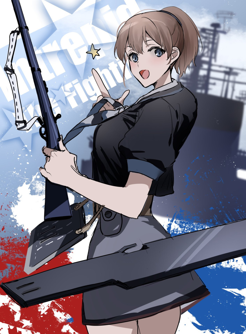 1girl bangs black_shirt breasts broom brown_hair character_name commentary_request flight_deck grey_skirt gun hair_between_eyes head_tilt highres holding holding_gun holding_weapon intrepid_(kancolle) kantai_collection long_hair neckerchief open_mouth ponytail shirt short_sleeves sketch skirt solo star_(symbol) weapon yano_tanimachi