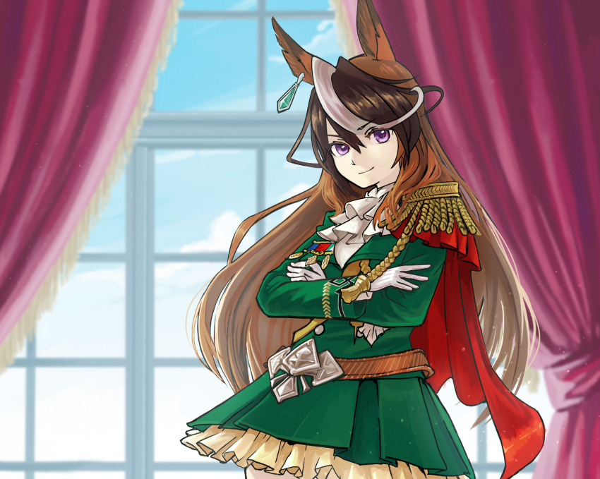 1girl absurdres animal_ears bangs belt blurry blurry_background brown_hair buttons cape closed_mouth coat cowboy_shot crossed_arms curtains double-breasted earrings epaulettes gloves green_coat highres horse_ears indoors jabot jewelry long_hair long_sleeves looking_at_viewer multicolored_hair single_earring single_epaulette smile solo symboli_rudolf_(umamusume) tokiwa_png umamusume v-shaped_eyebrows violet_eyes white_gloves window