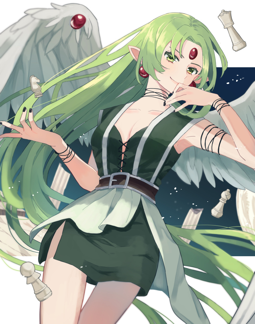 1girl absurdres armpits black_nails chess_piece cowboy_shot earrings finn_fish flat_chest green_eyes green_hair highres jewelry kamikaze_kaitou_jeanne knight_(chess) long_hair nagimugi nail_polish pawn_(chess) pointy_ears queen_(chess) sleeveless smile solo wings