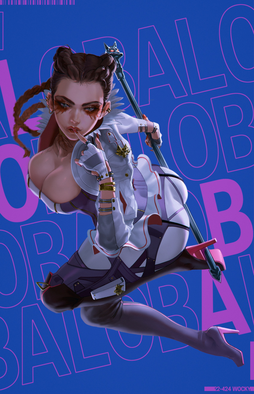 1girl apex_legends ass black_footwear blue_eyes boots braid breasts character_name cropped_jacket dark-skinned_female dark_skin eyeshadow fingerless_gloves from_above gloves high_heel_boots high_heels highres holding holding_staff jacket large_breasts loba_(apex_legends) looking_at_viewer looking_up makeup pants parted_lips red_eyeshadow red_nails solo staff thigh-highs thigh_boots twin_braids vocky white_gloves white_jacket white_pants