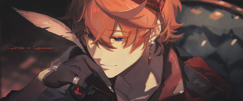 1boy bangs black_gloves blue_eyes chair closed_mouth earrings genshin_impact gloves hair_between_eyes highres holding jacket jewelry l!sten male_focus mask mask_on_head orange_hair portrait quill red_mask ring single_earring solo tartaglia_(genshin_impact)