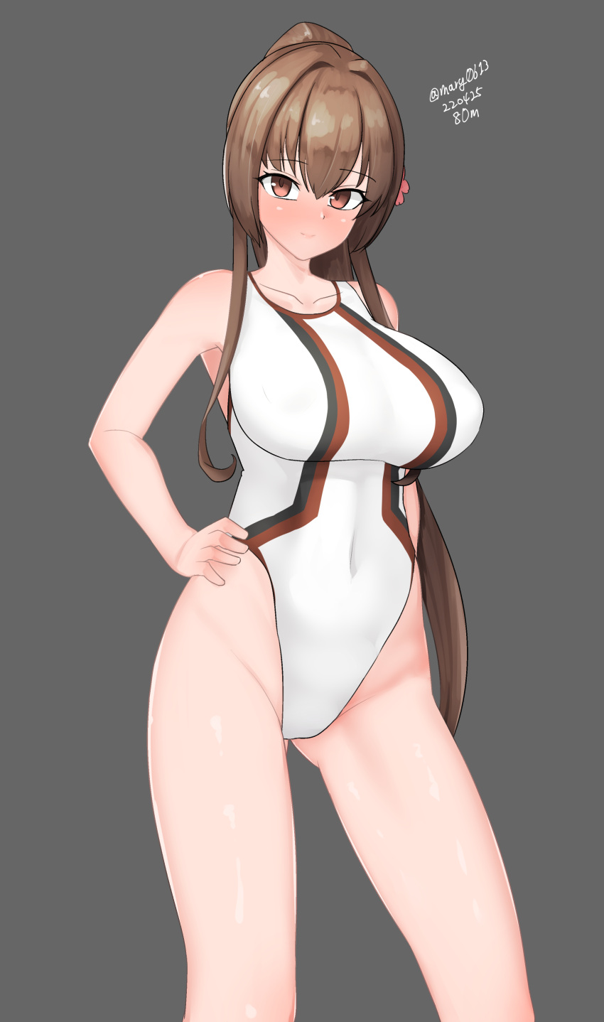 1girl absurdres breasts brown_eyes brown_hair competition_swimsuit cowboy_shot dated grey_background hand_on_hip highleg highleg_swimsuit highres kantai_collection large_breasts long_hair maru_(marg0613) multicolored_clothes multicolored_swimsuit one-piece_swimsuit ponytail simple_background solo swimsuit twitter_username white_swimsuit yamato_(kancolle)