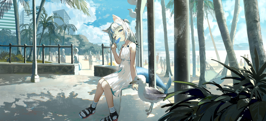 1girl absurdres animal_ears bangs beach bird black_footwear blue_eyes blue_hair blue_nails blue_sky blunt_bangs blush cat_ears clouds commentary day dress english_commentary fingernails fish_tail food gawr_gura grey_hair hair_ornament highres hirooriginals holding hololive hololive_english looking_at_viewer medium_hair multicolored_hair nail_polish one_eye_closed outdoors palm_tree parted_lips people plant popsicle sandals seagull shark_hair_ornament shark_tail sitting sky sleeveless sleeveless_dress socks streaked_hair striped striped_legwear tail tree two_side_up virtual_youtuber white_dress wide_shot