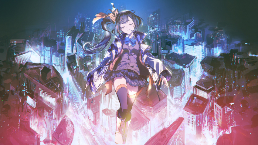 1girl absurdres arms_at_sides bangs black_cardigan black_hair black_legwear blue_bow blue_bowtie blue_skirt boots bow bowtie building cardigan cityscape closed_eyes coat commentary_request foot_out_of_frame hair_bow highres karanagare_4 long_hair nagase_yuka open_clothes open_coat outdoors plaid plaid_skirt ponytail riot_music side_ponytail sidelocks skirt skyscraper solo thigh-highs virtual_youtuber white_coat white_footwear yellow_bow