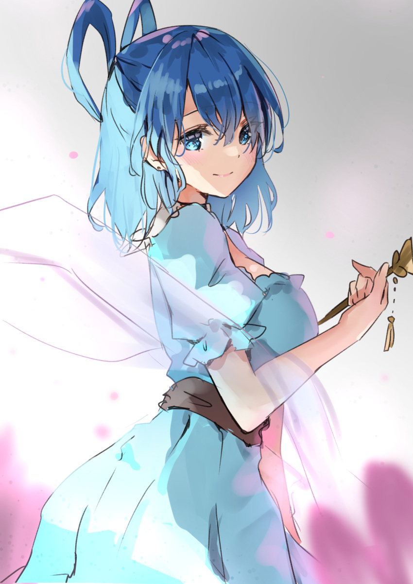 1girl blue_dress blue_eyes blue_hair blush closed_mouth dress eyebrows_visible_through_hair hagoromo hair_between_eyes hair_rings highres holding kaku_seiga medium_hair one-hour_drawing_challenge shawl shironeko_yuuki short_sleeves smile solo touhou upper_body