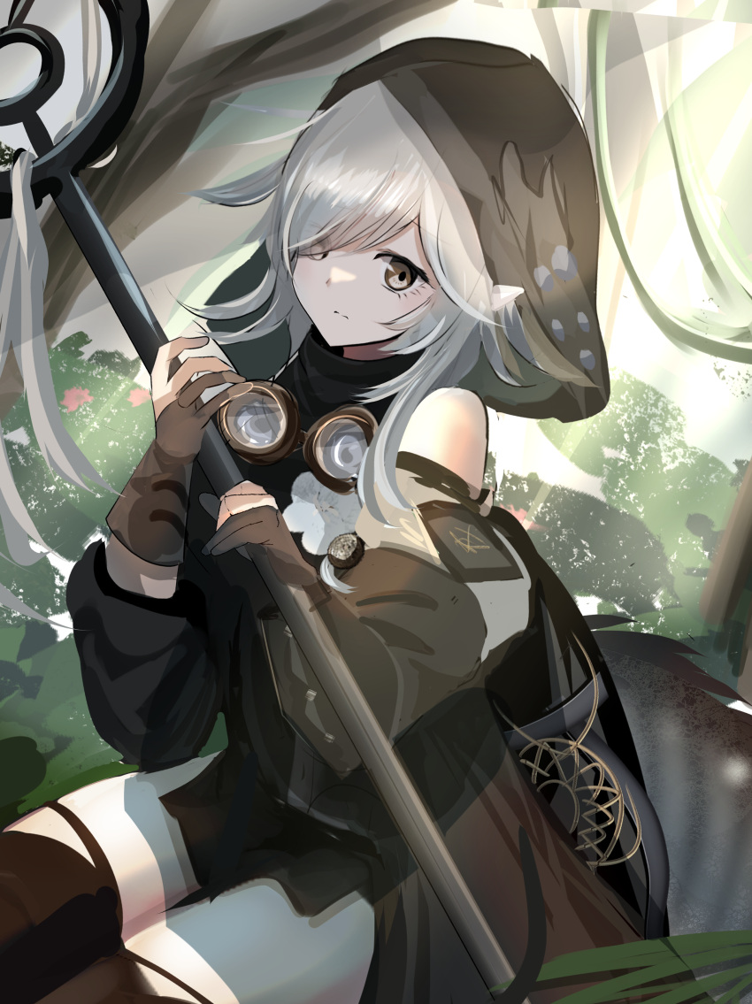 1girl absurdres arknights bangs bare_shoulders black_dress black_legwear brown_eyes brown_gloves closed_mouth dress eyebrows_visible_through_hair eyes_visible_through_hair gloves grey_hair hair_over_one_eye highres holding holding_staff hood hood_up long_hair long_sleeves looking_at_viewer partially_fingerless_gloves puffy_long_sleeves puffy_sleeves sitting staff thigh-highs tokiwa_sylbe tomimi_(arknights)