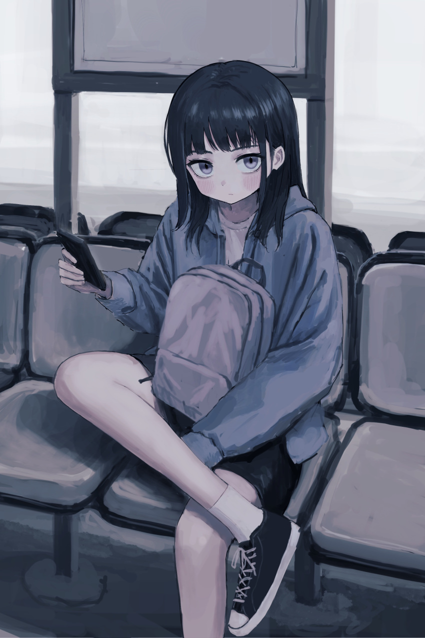 1girl absurdres backpack backpack_removed bag bangs bench black_footwear black_hair black_shorts blue_jacket cellphone commentary crossed_legs expressionless foot_out_of_frame highres holding holding_phone jacket light_blush looking_at_viewer medium_hair on_bench original phone sakiika0513 seat shoes shorts sitting smartphone sneakers socks solo violet_eyes white_legwear