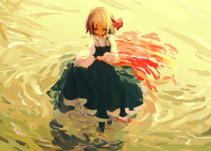 1girl absurdres bangs black_dress blonde_hair blood blood_from_mouth collared_shirt commentary_request dress hair_ribbon highres holding holding_clothes holding_skirt long_sleeves looking_at_viewer puffy_long_sleeves puffy_sleeves red_ribbon reflection ribbon ripples rumia shirt short_hair skirt solo standing tobenai_todo touhou water white_shirt