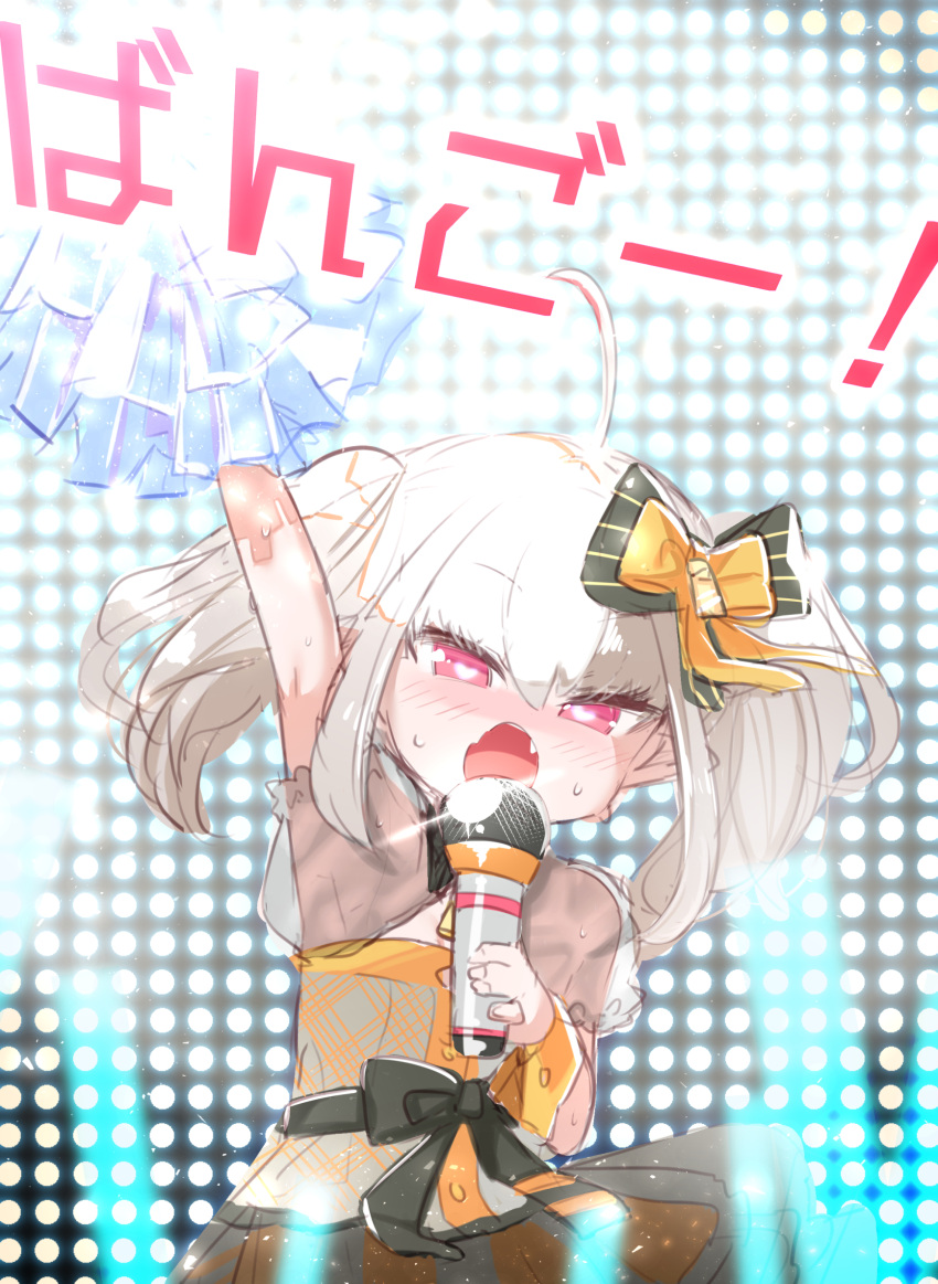 1girl ahoge black_bow blush bow grey_hair hair_bow hand_up heart heart-shaped_pupils highres holding holding_microphone looking_at_viewer makaino_ririmu microphone music nijisanji open_mouth pointy_ears pom_pom_(cheerleading) puffy_short_sleeves puffy_sleeves red_eyes short_sleeves shrug_(clothing) singing skirt solo sweat symbol-shaped_pupils twintails utsusumi_kio