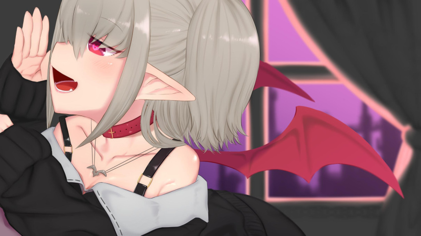 1girl :d belt_collar black_jacket blurry blurry_background blush closed_eyes collar commentary curtains demon_wings depth_of_field fang fangs from_side grey_hair hand_up head_wings heart heart-shaped_pupils highres indoors jacket jewelry laughing long_sleeves makaino_ririmu medium_hair multicolored_hair necklace nijisanji off-shoulder_jacket off_shoulder open_mouth pointy_ears poop profile red_eyes red_wings short_hair silver_hair skin_fang sleeves_past_wrists smile solo spoken_symbol symbol-shaped_pupils twintails utsusumi_kio virtual_youtuber whispering window wings