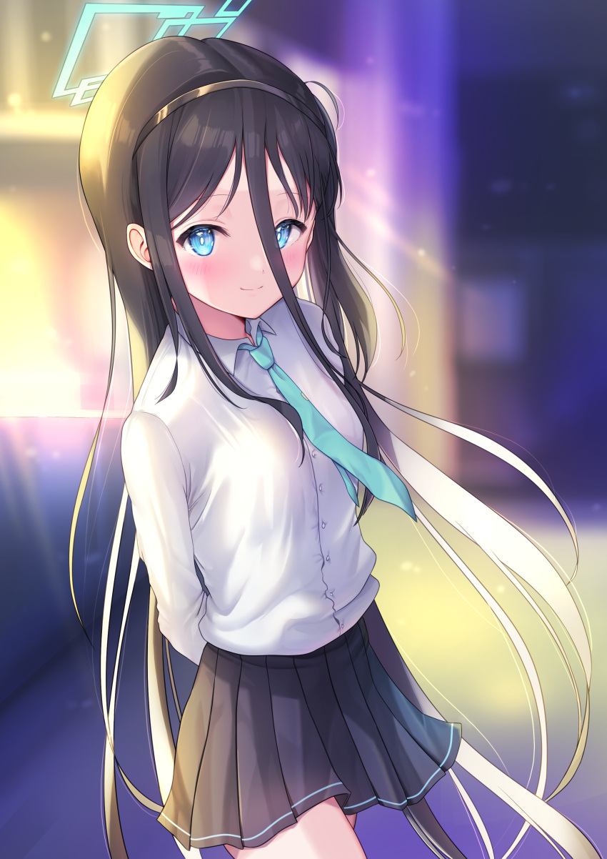 1girl absurdres arisu_(blue_archive) bangs black_hair black_hairband black_skirt blue_archive blue_eyes blue_necktie blurry blurry_background blush breasts closed_mouth collared_shirt commentary_request depth_of_field dress_shirt eyebrows_visible_through_hair goldowl hair_between_eyes hairband halo highres long_hair looking_at_viewer necktie parted_bangs pleated_skirt shirt skirt small_breasts smile solo very_long_hair white_shirt