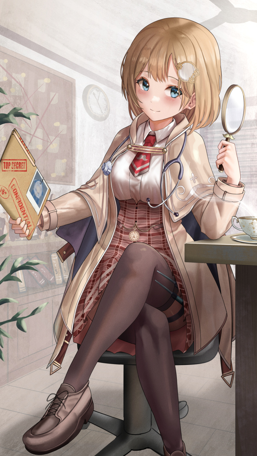 1girl aqua_eyes bangs blonde_hair blue_eyes blush breasts brown_footwear brown_legwear chair coat collared_shirt crossed_legs cup dress_shirt gawr_gura hair_ornament high-waist_skirt highres hololive hololive_english indoors looking_at_viewer magnifying_glass medium_breasts medium_hair necktie office_chair on_chair plaid plaid_skirt red_necktie shirt silvertsuki sitting skirt smile solo stethoscope teacup thigh-highs thigh_strap thighs virtual_youtuber watson_amelia white_shirt wing_collar