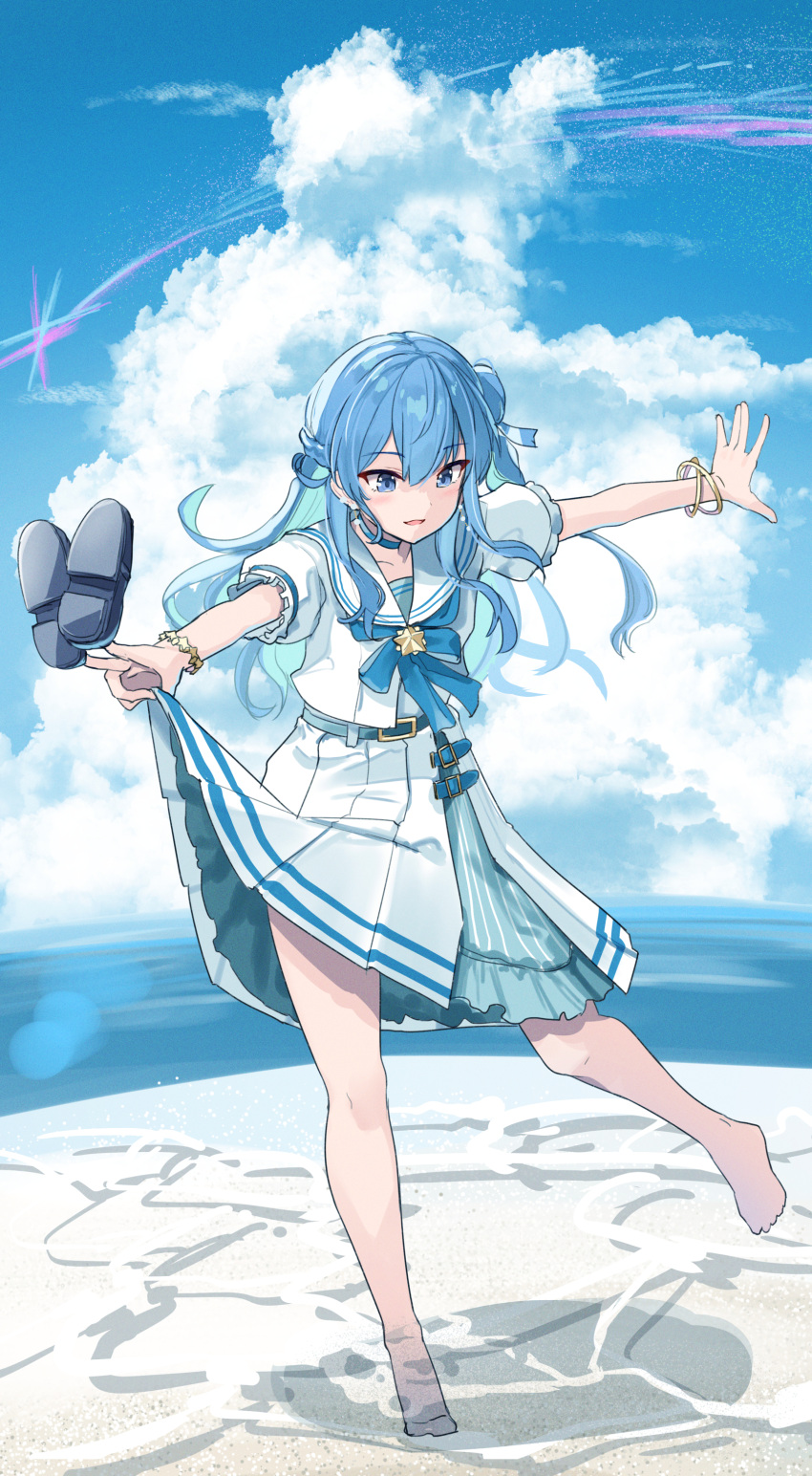 1girl absurdres aqua_skirt barefoot beach belt black_footwear blue_belt blue_bow blue_eyes blue_hair blue_sky bow bracelet clothes_lift clouds cloudy_sky commentary_request eyebrows_visible_through_hair frilled_sleeves frills full_body hair_ribbon highres hololive hoshimachi_suisei jewelry legs loafers multicolored_clothes multicolored_skirt open_mouth outdoors pleated_skirt ribbon sailor_collar shirt shoes shoes_removed short_sleeves skirt skirt_lift sky solo standing standing_on_one_leg star_(symbol) virtual_youtuber wading water white_shirt yuuzuki_(re'ef)