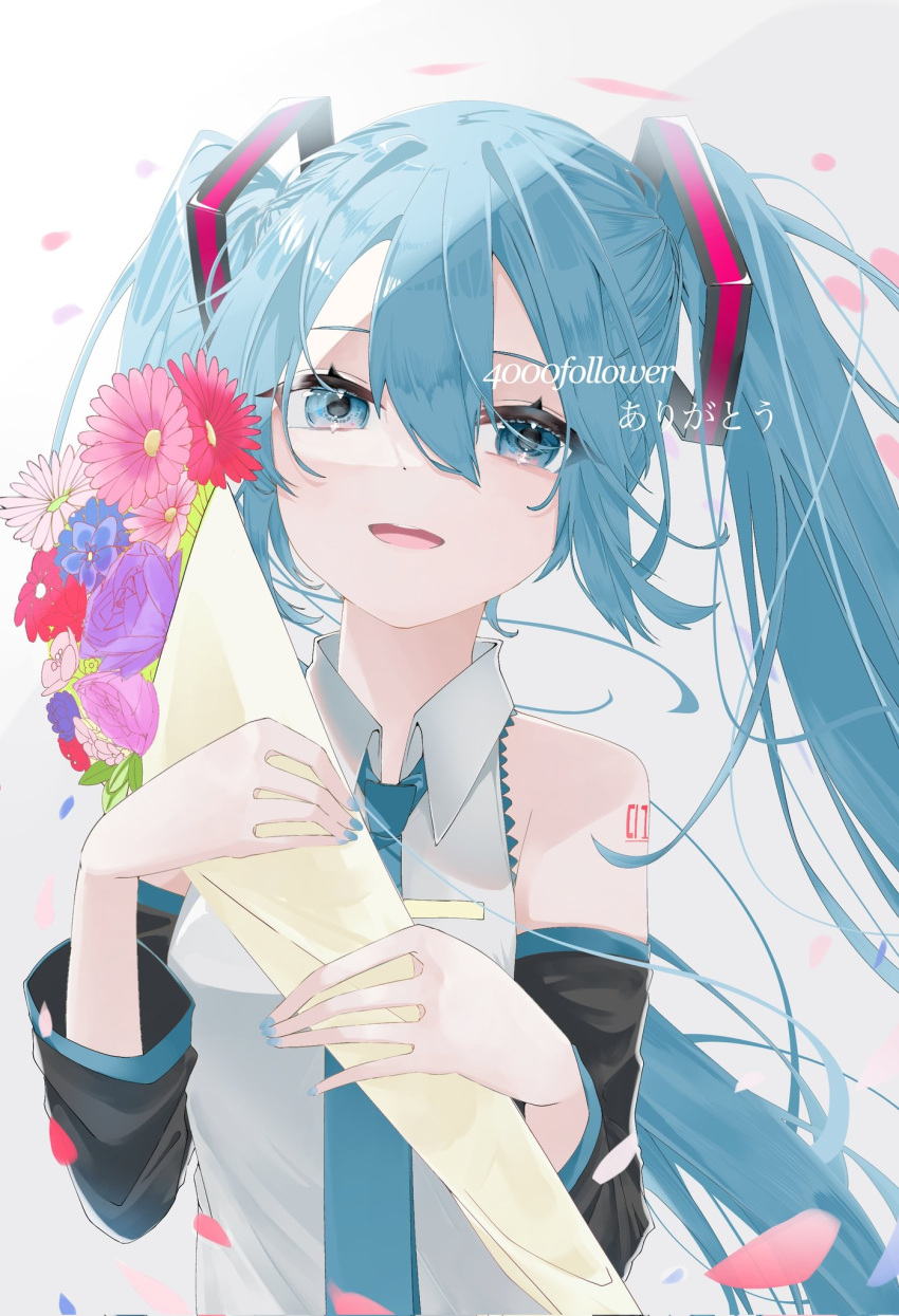 1girl aqua_eyes aqua_hair aqua_necktie bangs bouquet celebration collared_shirt detached_sleeves eyebrows_visible_through_hair hair_between_eyes hatsune_miku highres holding holding_bouquet koko_niiru long_hair looking_at_viewer necktie open_mouth shirt smile solo tattoo twintails upper_body vocaloid white_shirt