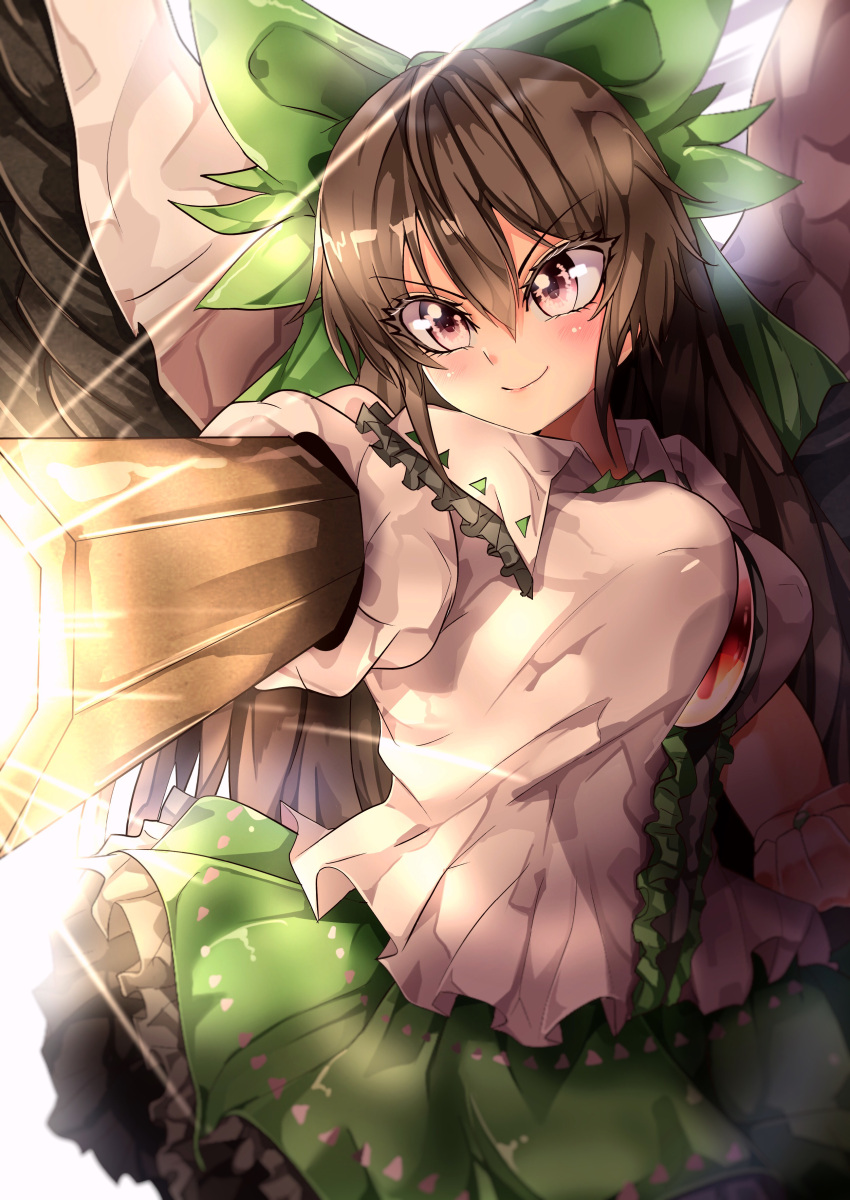 1girl absurdres arm_cannon backlighting black_wings bow breasts brown_hair cape center_frills closed_mouth commentary_request cowboy_shot eyebrows_visible_through_hair feathered_wings frilled_shirt frilled_shirt_collar frilled_skirt frills green_bow green_skirt hair_between_eyes hair_bow highres large_breasts long_hair maboroshi_mochi print_skirt reiuji_utsuho shirt simple_background skirt smile solo third_eye touhou v-shaped_eyebrows very_long_hair violet_eyes weapon white_background white_cape white_shirt wings