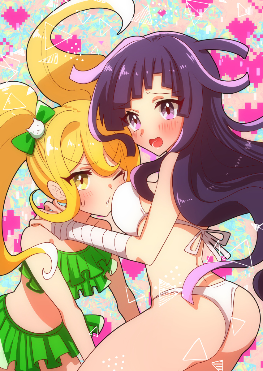 2girls absurdres ass bangs bare_arms bare_shoulders bikini blonde_hair blush breasts cat_hair_ornament danganronpa_(series) danganronpa_2:_goodbye_despair eyebrows_visible_through_hair green_background green_hair hair_ornament hanabishi highres large_breasts long_hair lower_teeth mole mole_under_eye multiple_girls one_eye_closed open_mouth panties pink_background pink_eyes purple_hair saionji_hiyoko shiny shiny_hair stomach sweatdrop swimsuit teeth tsumiki_mikan twintails underwear white_bikini white_panties