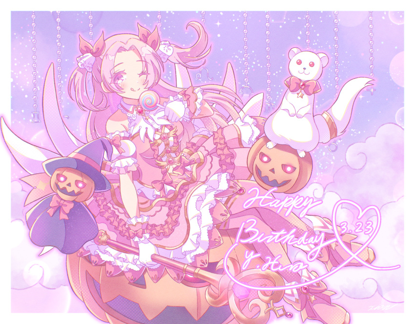 1girl animal bangs breasts candy clouds d4dj dated dress food gloves glowing glowing_eyes happy_birthday hat highres holding holding_candy holding_food holding_lollipop holding_wand jack-o'-lantern lollipop looking_up magical_girl medium_breasts one_eye_closed parted_bangs pink_dress pink_eyes pink_hair sitting sky smile solo wand white_gloves witch_hat wrist_cuffs xion_(sasakishiorin065) yano_hiiro