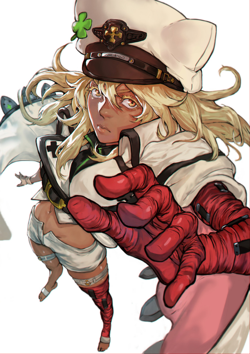 1girl absurdres animal_ear_headwear bandaged_arm bandaged_leg bandages blonde_hair causs closed_mouth clover_ornament cross dark-skinned_female dark_skin fingerless_gloves from_above gloves guilty_gear guilty_gear_strive hair_between_eyes hat hat_ornament highres long_hair navel o-ring orange_eyes ramlethal_valentine red_legwear simple_background single_glove solo standing thigh_strap white_background white_gloves white_legwear