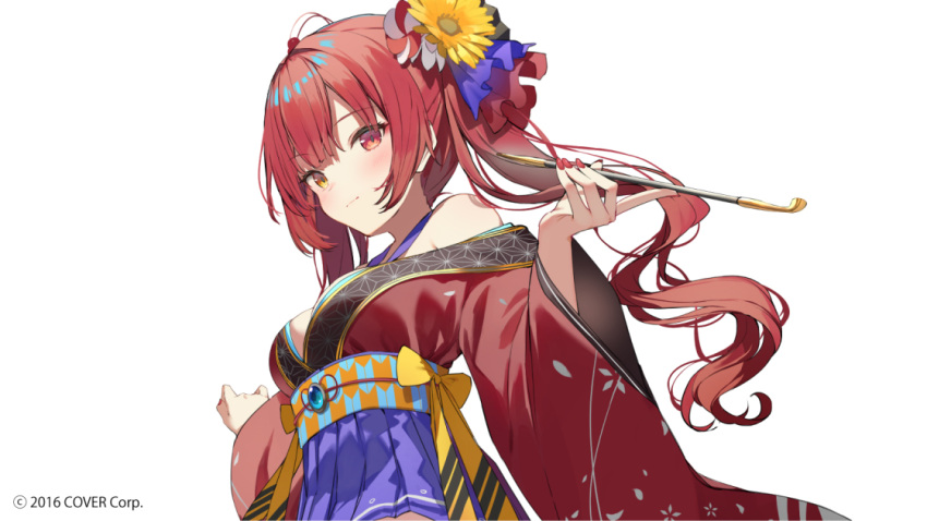 1girl bangs blush breasts commentary_request copyright_name eyebrows_visible_through_hair flower hair_between_eyes hair_flower hair_ornament heterochromia holding holding_pipe hololive houshou_marine japanese_clothes kimono kimono_skirt long_hair looking_at_viewer medium_breasts obi pipe purple_skirt red_eyes red_kimono red_nails redhead sash sidelocks simple_background skirt smile solo sutorora twintails virtual_youtuber white_background yellow_eyes