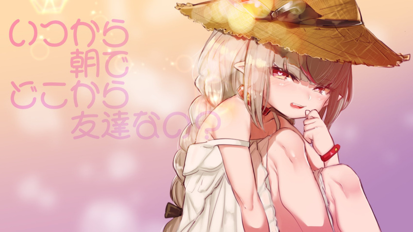 1girl :d black_bow bow braid dress grey_hair hair_bow hand_up hat heart heart-shaped_pupils highres long_hair looking_at_viewer makaino_ririmu nijisanji open_mouth red_eyes sitting smile solo strap_slip straw_hat symbol-shaped_pupils utsusumi_kio white_dress wristband