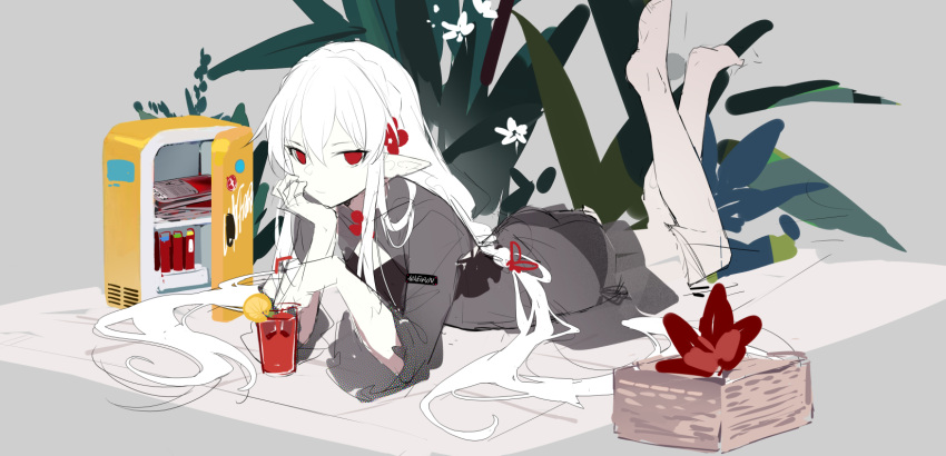 1girl arknights barefoot bikini black_bikini braid character_name closed_mouth crown_braid cup drink drinking_glass empty_eyes feet_up full_body grey_background hand_on_own_chin highres long_hair long_sleeves looking_at_viewer low-tied_long_hair lying official_alternate_costume on_stomach pointy_ears red_eyes shi-chen simple_background smile solo swimsuit swimsuit_cover-up the_pose very_long_hair warfarin_(arknights) warfarin_(casual_vacation)_(arknights)