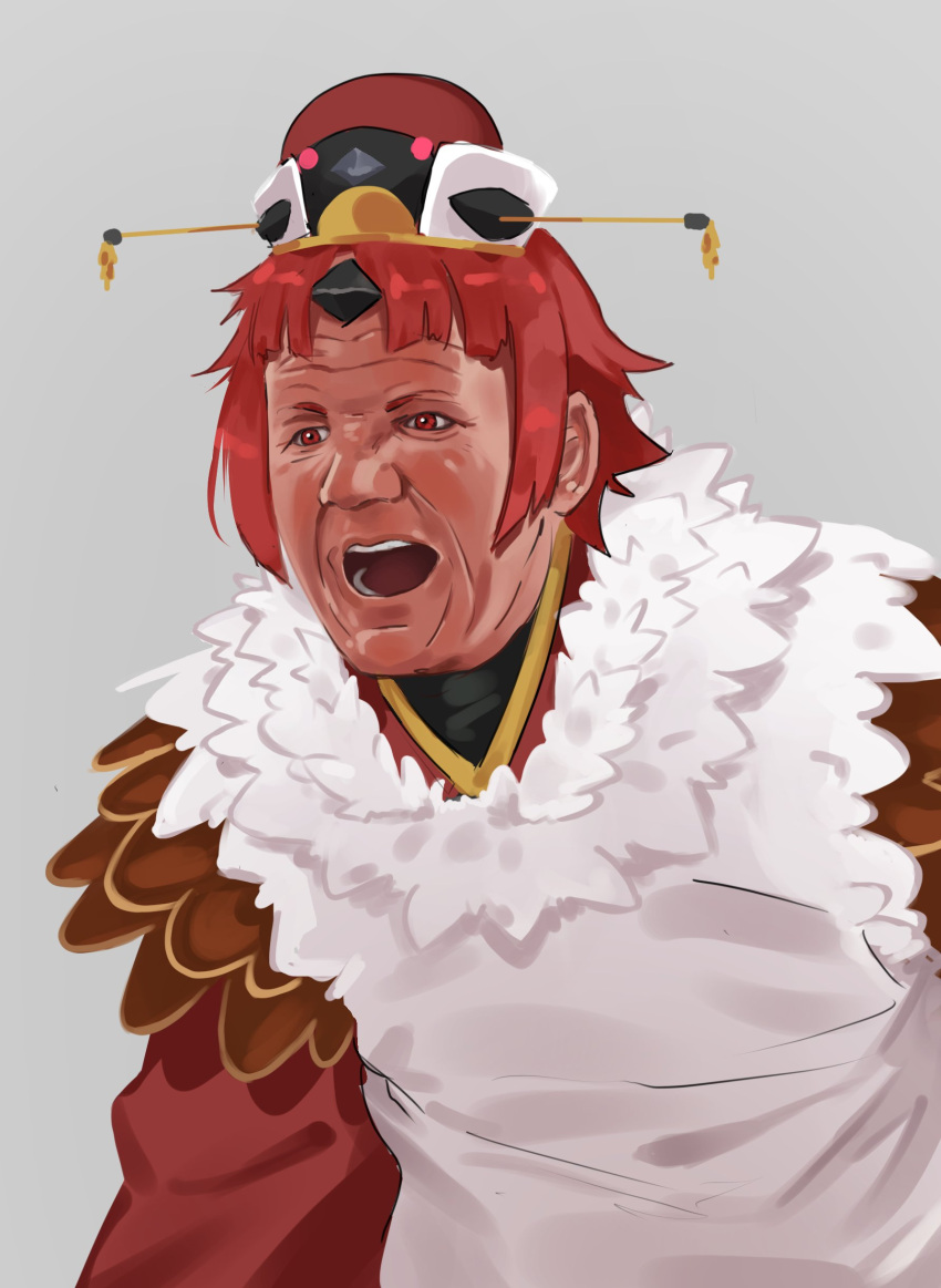 1girl absurdres bangs benienma_(fate) english_commentary fate/grand_order fate_(series) feathers gordon_ramsay grey_background headwear_request highres japanese_clothes jun_(rand) kimono meme open_mouth parody parted_bangs redhead short_hair shouting sidelocks solo upper_body wide_sleeves wrinkled_skin