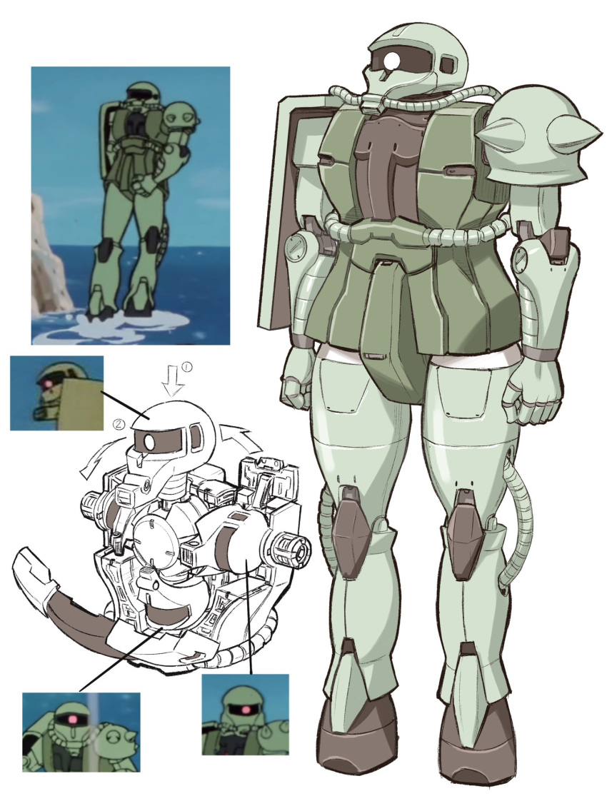 cable clenched_hands gundam highres keuma mecha mobile_suit_gundam mobile_suit_gundam:_cucuruz_doan's_island one-eyed parody quality reference_inset science_fiction standing water zaku_ii zeon