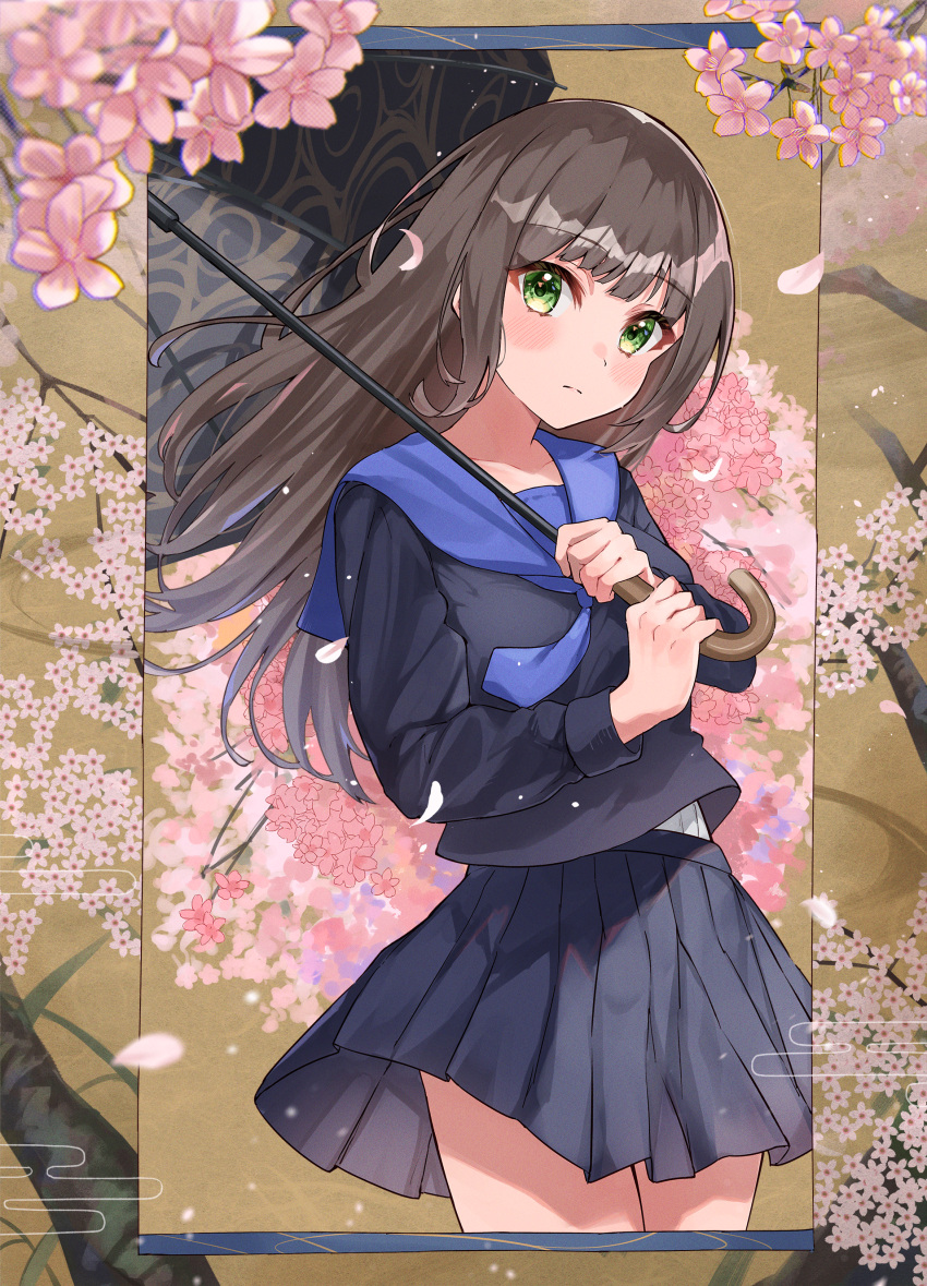 1girl :/ absurdres bangs blunt_bangs blush border branch brown_hair cherry_blossoms closed_mouth expressionless flower green_eyes haru_yu highres holding holding_umbrella long_hair looking_at_viewer necktie original pleated_skirt school_uniform shirt_tucked_in skirt solo thighs umbrella