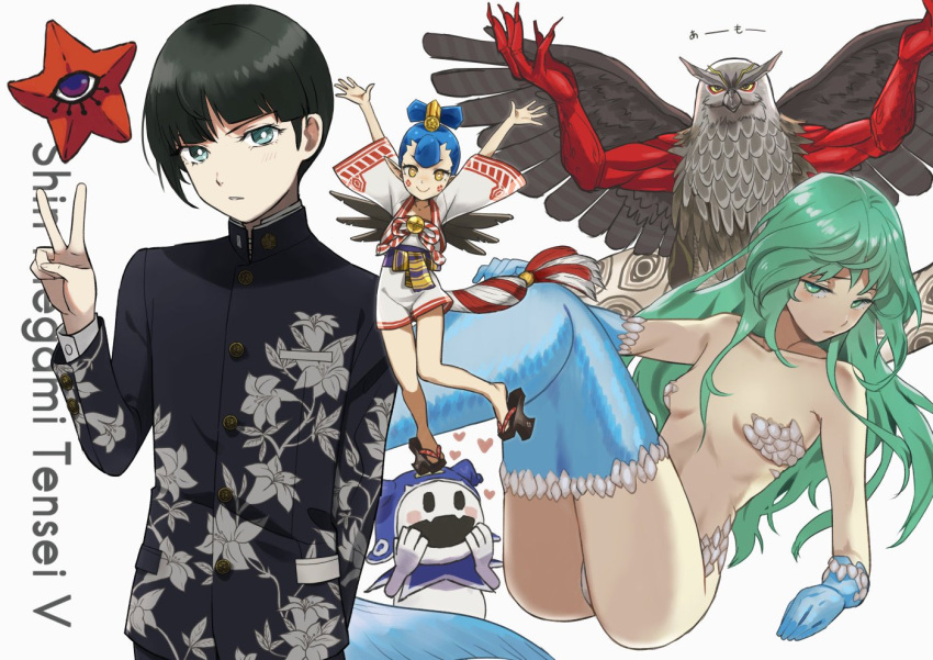 1boy 2girls 2others amanozako_(megami_tensei) androgynous arm_behind_back arms_up asymmetrical_hair black_hair blue_gloves blue_hair blue_jacket blue_legwear commentary_request cowboy_shot donbee937 elbow_gloves english_text eyelashes floral_print gloves green_hair grey_eyes hand_up hands_up heart jack_frost jacket japanese_clothes leaning_back long_hair long_sleeves looking_at_viewer mermaid mermaid_(shin_megami_tensei) monster_girl multiple_girls multiple_others panties pantyshot parted_lips protagonist_(smtv) scales school_uniform shadow shin_megami_tensei shin_megami_tensei_v short_hair shorts simple_background single_sidelock standing thigh-highs thighs underwear v white_background white_panties yellow_eyes