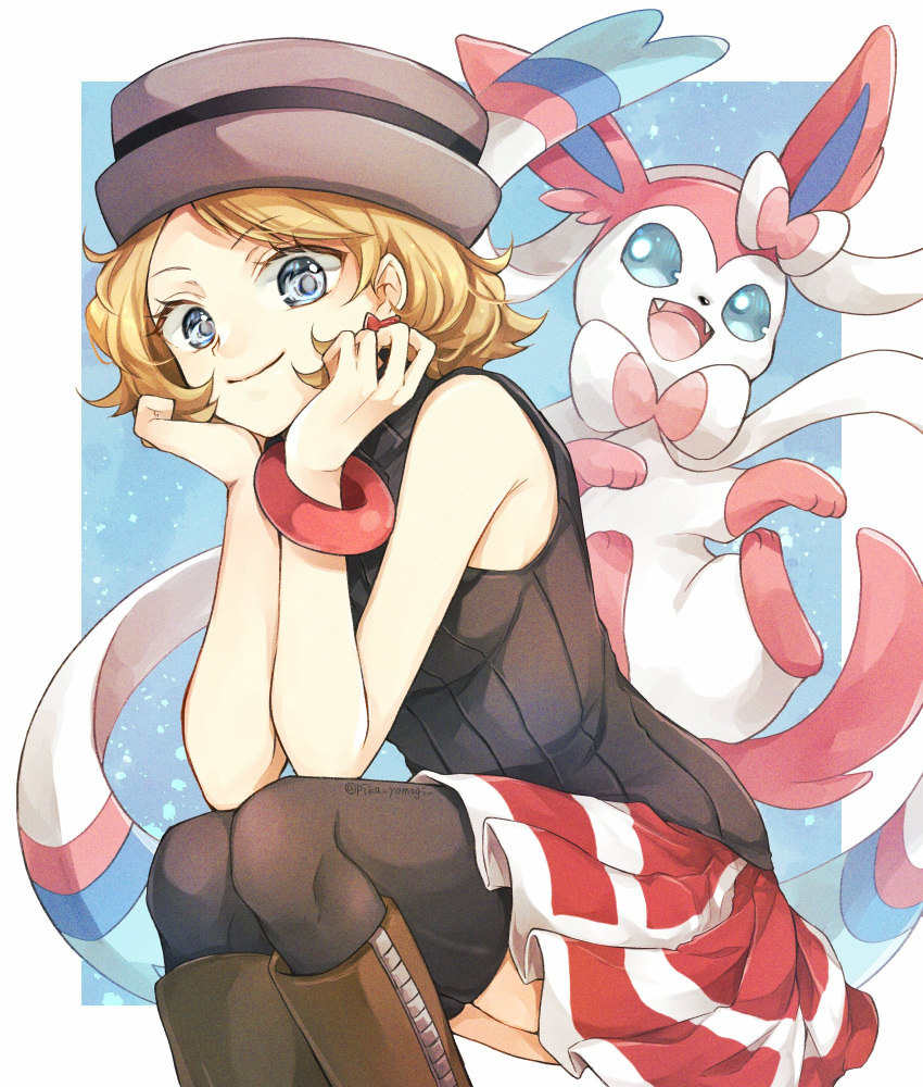 1girl black_vest blonde_hair boots border bracelet brown_footwear closed_mouth commentary_request earrings eyelashes grey_eyes grey_headwear hands_up hat head_rest highres jewelry looking_at_viewer outside_border pokemon pokemon_(anime) pokemon_(creature) pokemon_swsh_(anime) red_skirt serena_(pokemon) short_hair skirt smile sweater_vest sylveon thigh-highs twitter_username vest white_border yomogi_(black-elf)