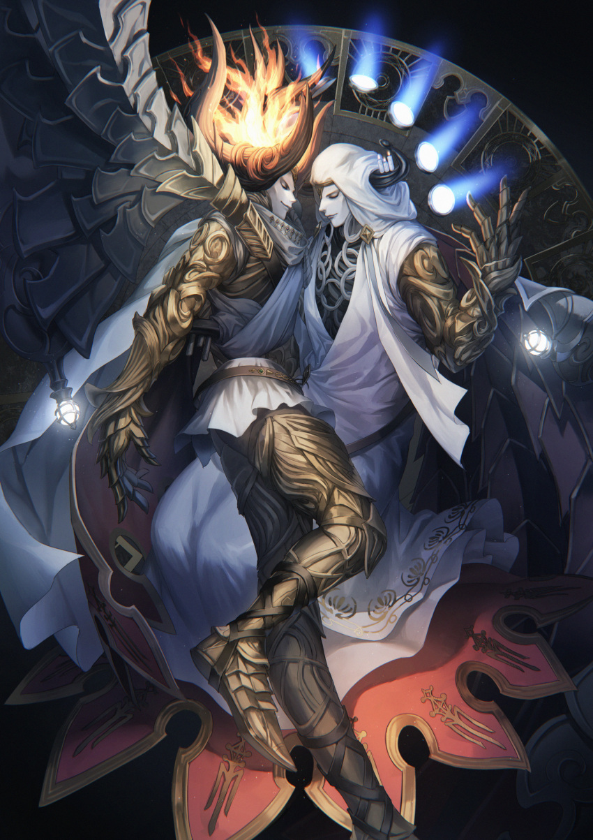 2boys armored_boots boots candle closed_eyes colored_skin dual_persona final_fantasy final_fantasy_xiv fire gauntlets highres horns multiple_boys nald'thal rosa_(hoshino) scarf thigh-highs thigh_boots white_skin wings