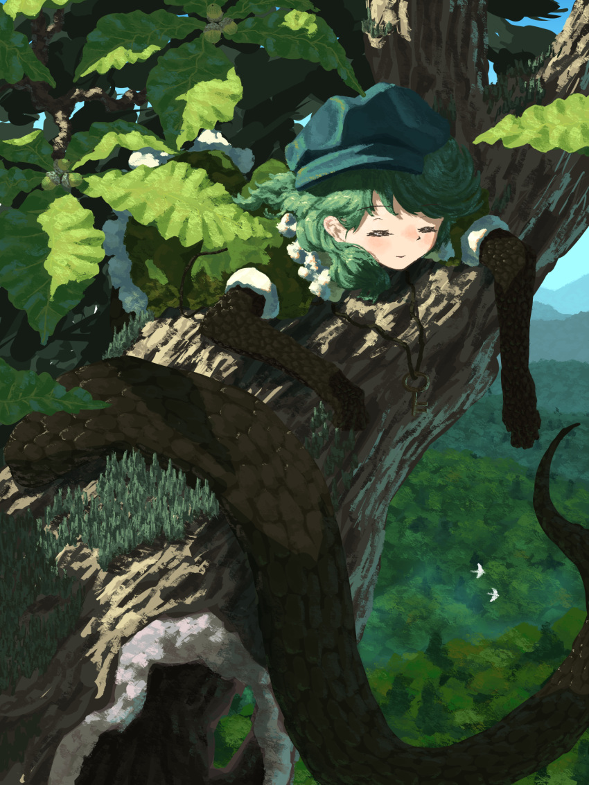 1girl acorn bird camouflage closed_eyes closed_mouth dappled_sunlight dress flat_cap green_dress green_hair green_headwear hat highres kajatony kappa key key_necklace leaf light_particles monster_girl nature scales short_hair short_sleeves sleeping snake_tail solo sunlight tail touhou tree wavy_hair yamashiro_takane