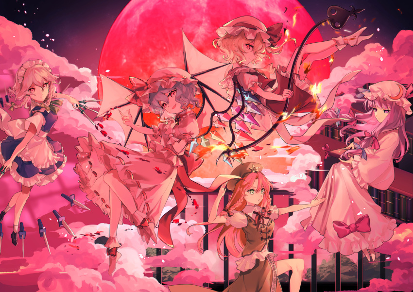 5girls :d :| apron ascot bangs bat_wings beret black_footwear blonde_hair blue_dress blue_hair blue_ribbon blunt_bangs book bookshelf bow bowtie braid cherry_blossoms closed_mouth collared_shirt commentary crescent crescent_hat_ornament crystal dress eyebrows_behind_hair fang flandre_scarlet frilled_dress frilled_shirt_collar frilled_sleeves frills full_moon green_bow green_bowtie green_eyes green_headwear green_skirt green_vest grey_eyes grey_hair hair_between_eyes hair_bow hair_ribbon hat hat_ornament hat_ribbon highres holding holding_book holding_knife hong_meiling izayoi_sakuya knife koito_(bowstringsmall) laevatein_(touhou) light_smile long_hair long_sleeves looking_at_viewer maid_apron maid_headdress medium_hair mob_cap moon multiple_girls neckerchief no_shoes open_mouth patchouli_knowledge pink_dress pink_headwear pink_legwear pink_shirt pink_skirt puffy_short_sleeves puffy_sleeves purple_hair red_bow red_eyes red_moon red_neckerchief red_ribbon red_skirt red_vest redhead remilia_scarlet ribbon ribbon-trimmed_skirt ribbon_trim shirt shoes short_hair short_sleeves sideways_glance skin_fang skirt skirt_set smile socks star_(symbol) touhou tree twin_braids vest violet_eyes waist_apron waist_bow white_apron white_bow white_headwear white_legwear white_shirt wide_sleeves wings wrist_cuffs yellow_ascot