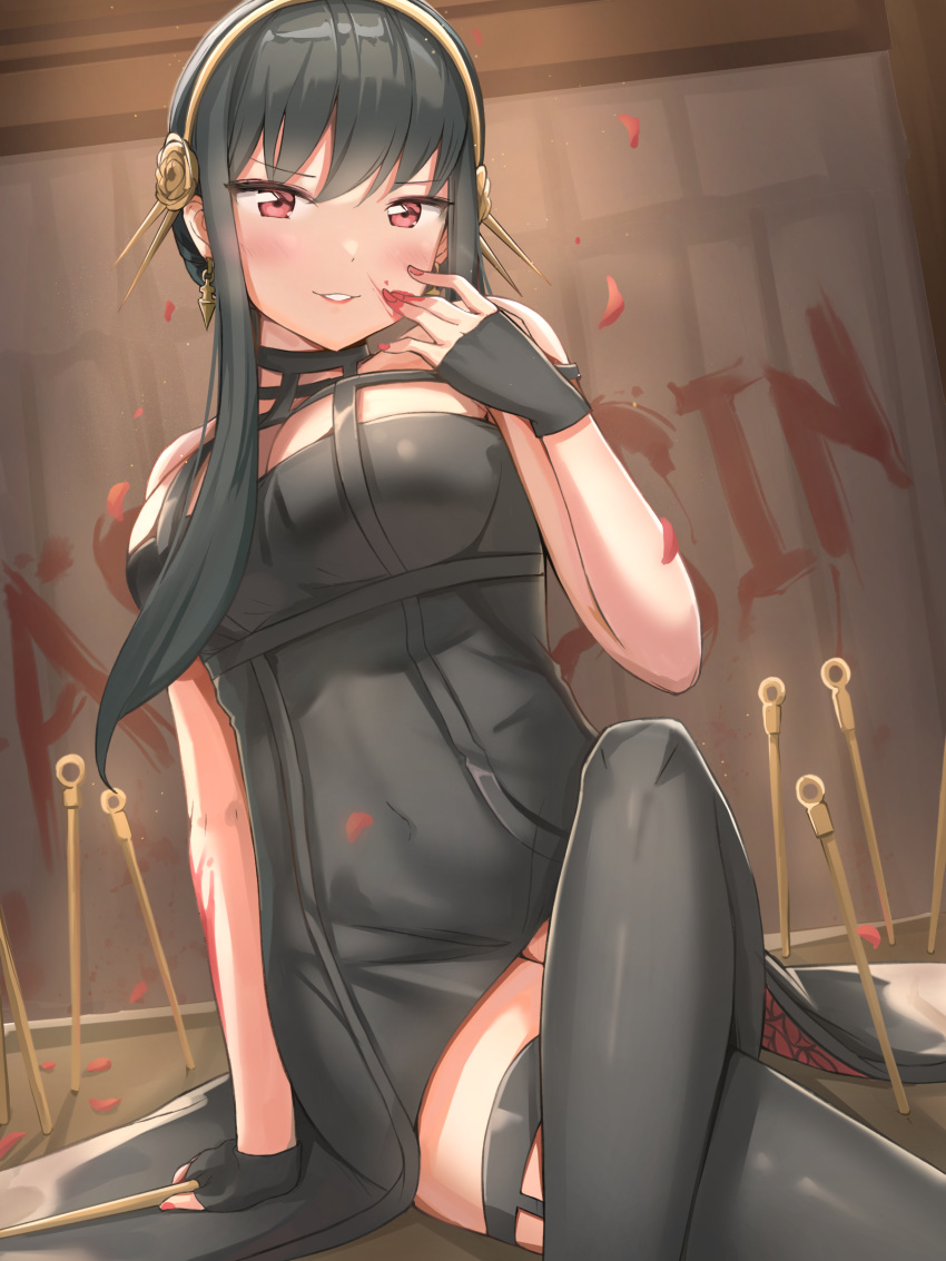 1girl absurdres black_dress black_gloves black_hair blood blood_on_arm blood_on_face blood_on_hands blood_on_wall blush breasts crossed_legs dagger dress earrings eru_(aeeu2243) fingerless_gloves gloves gold_earrings gold_hairband hand_up highres jewelry knife large_breasts lips long_hair on_floor parted_lips petals planted planted_knife red_eyes red_nails rose_petals sitting solo spikes spy_x_family thigh-highs weapon yor_briar