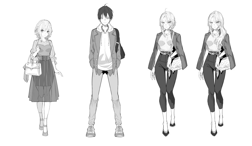 1boy 2girls absurdres alternate_costume alternate_universe angelica_rafa_redgrave bag bracelet breasts hair_bun handbag hands_in_pockets highres hood hoodie jewelry leon_fou_bartford long_hair medium_breasts medium_hair multiple_girls official_art olivia_(otome_gee_sekai_wa_mob_ni_kibishii_sekai_desu) otome_gee_sekai_wa_mob_ni_kibishii_sekai_desu pants ribbed_sweater shiosato_jun shirt shoes skirt sneakers sweater sweater_tucked_in white_background