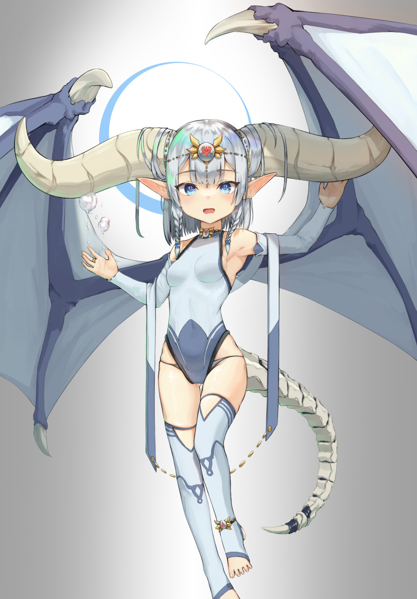 1girl armpits arms_up ass_visible_through_thighs blue_eyes blue_legwear blue_leotard blue_sleeves braid breasts circlet detached_sleeves dragon_girl dragon_horns dragon_tail dragon_wings full_body grey_background highres horns leotard open_mouth original pointy_ears short_hair simple_background small_breasts smile solo tail thigh-highs thigh_gap thighs toeless_legwear twin_braids white_hair wings xiao_xiao_tian