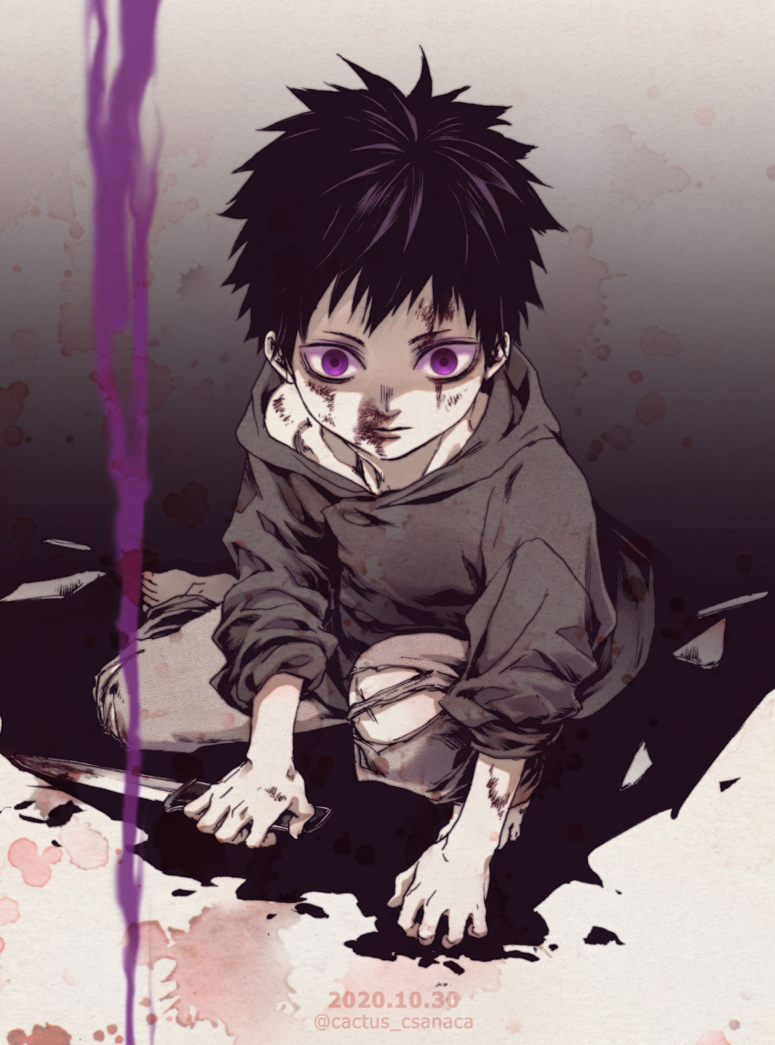 1boy bangs barefoot black_shirt blood blood_on_face blood_splatter blurry bruise bruise_on_face child csanaca dated depth_of_field dirty dirty_face downblouse empty_eyes full_body glowing harrison_dirk higeki_no_genkyou_tonaru_saikyou_gedou_last_boss_joou_wa_tami_no_tame_ni_tsukushimasu highres injury knee_up liquid looking_at_viewer male_focus oversized_clothes pants shards shirt sitting sleeves_pushed_up solo spot_color torn_pant twitter_username younger