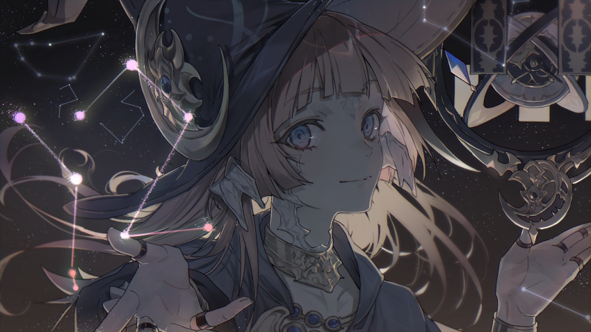 1girl au_ra bangs black_headwear black_jacket blue_eyes brown_hair closed_mouth constellation eyebrows_visible_through_hair final_fantasy final_fantasy_xiv hands_up hat highres jacket long_hair looking_at_viewer night night_sky original pig_ggul scales sky smile solo star_(sky) starry_sky upper_body witch_hat