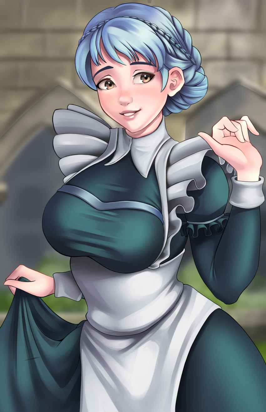 1girl absurdres artist_name blue_hair braid breasts brown_eyes dress fire_emblem fire_emblem:_three_houses grin highres jackary large_breasts light_blue_hair lips looking_to_the_side maid maid_headdress marianne_von_edmund short_hair smile solo wide_hips