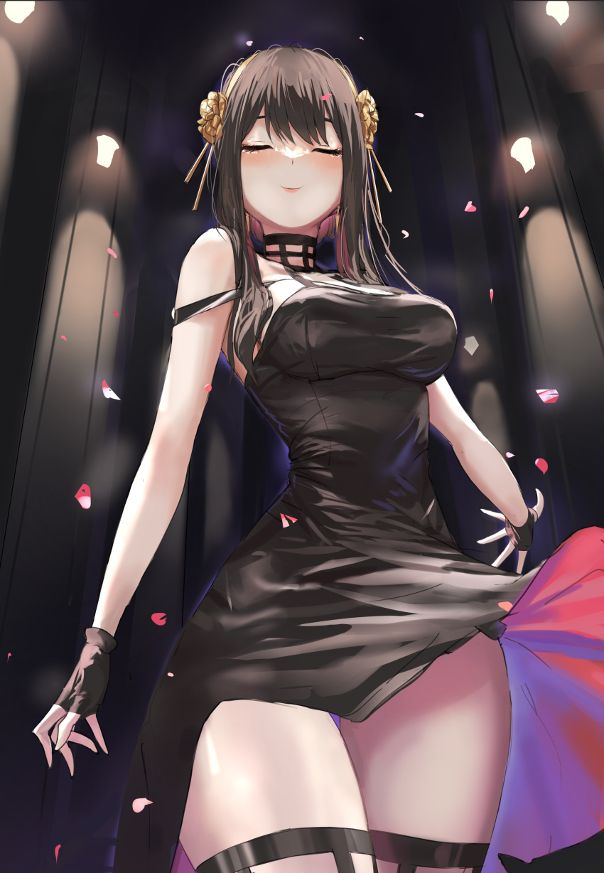 1girl absurdres black_dress black_gloves blush breasts closed_eyes closed_mouth dolri dress falling_petals fingerless_gloves gloves gold_hairband highres large_breasts lips long_hair open_hands outstretched_arm petals rose_hair_ornament rose_petals sidelocks solo spy_x_family thigh-highs thighs two-sided_dress yor_briar zettai_ryouiki